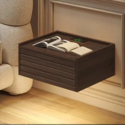 Picture of Wooden 1-Drawer Floating Nightstand with Light & Charging Station, 2er Set – Rectangular