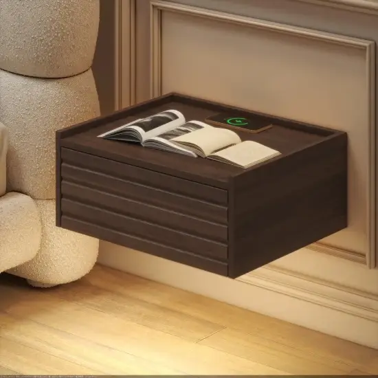 Wooden 1-Drawer Floating Nightstand with Light & Charging Station, 2er Set – Rectangular