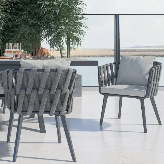 Outdoor Rope Weave & Aluminium Dining Chairs in Grey, Set of 6