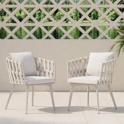 Outdoor Rope Weave & Aluminium Dining Chairs in Beige, Set of 8
