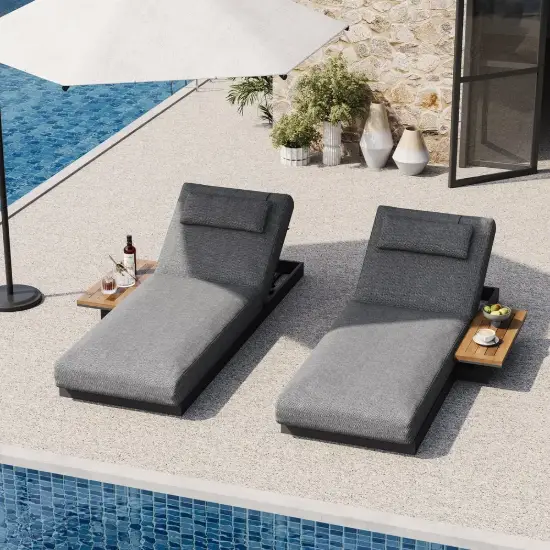 Picture of Wood & AluminumOutdoor Lounger Daybed Patio Furniture in Gray Cushion Set of 2