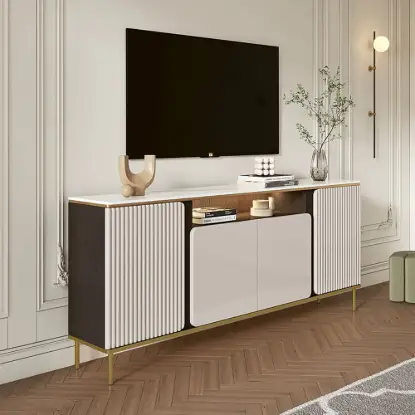 1800mm Sintered Stone Top Tall Beige TV Stand with 4 Doors & 5 Shelves