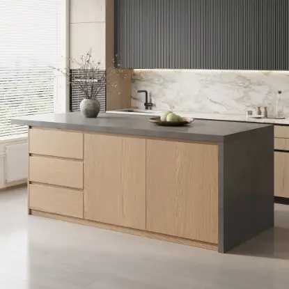 Picture of Japandi 183 cm Wood Kitchen Island with Storage, Concrete Grey & Natural – Style