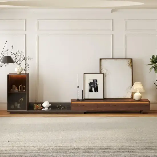 Fero Walnut & Gray Extendable TV Stand with Bookshelves & Light(250 cm-390 cm)