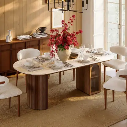 Picture of 180 cm Faux Travertine Oval Dining Table with Fluted Base & Storage