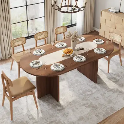 Picture of Modern Oval Walnut Dining Table with Faux Travertine Top for 8 People