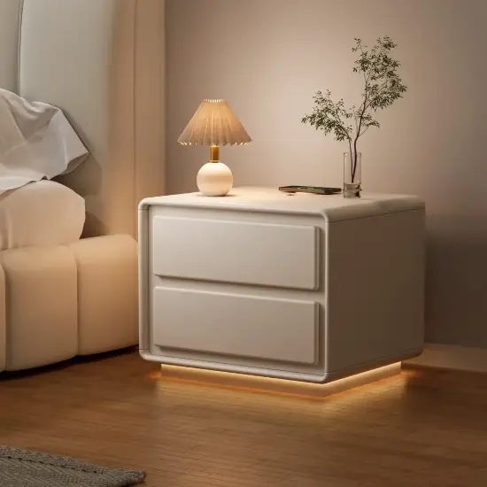 Modern 2-drawer off-white MDF Nightstand with USB and Lighting Set of 2 – 50cm
