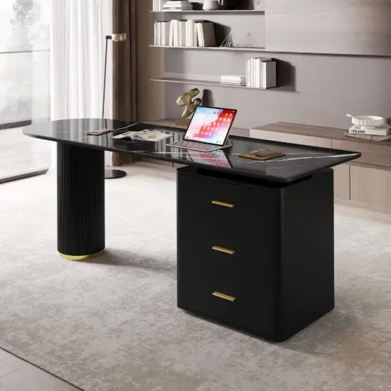 Modern 71" L-Shaped Curved Desk with Sintered Stone Top