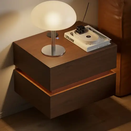 Picture of Lumio Walnut 2-Drawer Floating LED Besidetable with Charging Station, Set of 2