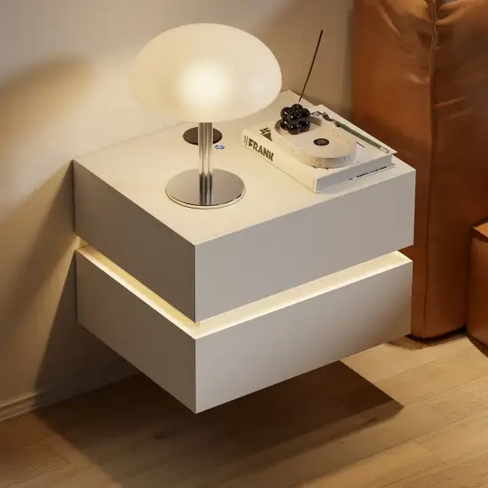 Lumio White 2-Drawer Floating LED Besidetable with Charging Station, Set of 2