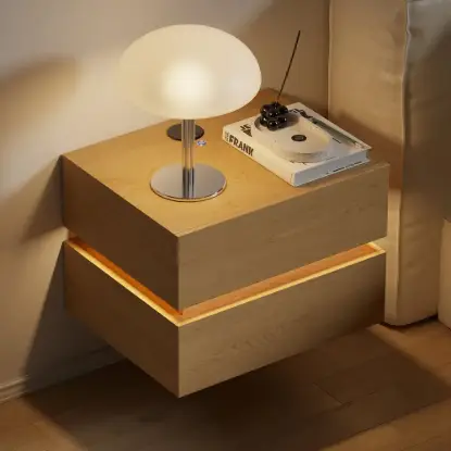 Picture of Lumio Natural 2-Drawer Floating LED Bedside Table with Charging Station
