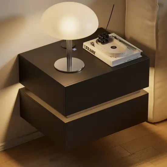 Lumio Black 2-Drawer Floating LED Bedside Table with Charging Station