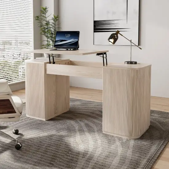 Velign 60" Whitewash Standing Office Desk with 2-Door Storage Cabinet