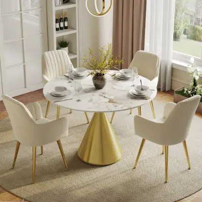 Picture of Modern 100 cm Round Glossy Sintered Stone Dining Table with Gold Metal Pedestal Base, Seats 2