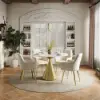 Modern 100 cm Round Glossy Sintered Stone Dining Table with Gold Metal Pedestal Base, Seats 2