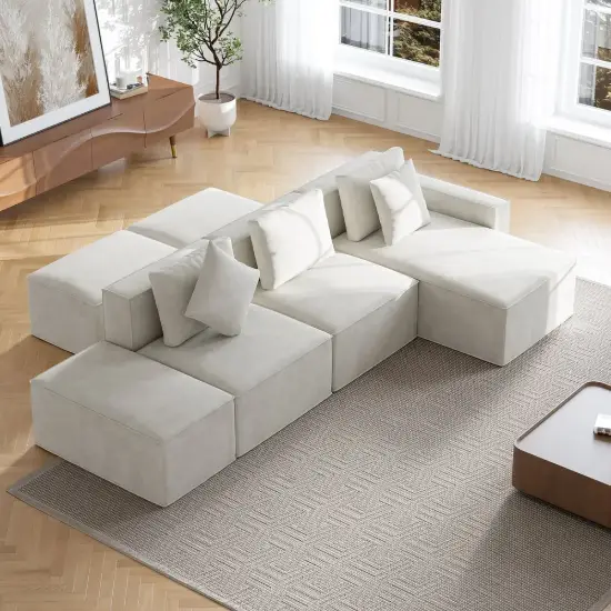 3500mm 6-Piece Cotton & Linen Modular Chaise Sectional Sofa with Ottomans