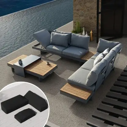 Picture of Tevara 4-Piece Outdoor Teak & Aluminium Modular Sofa Set for 6 in Grey with Black Cover