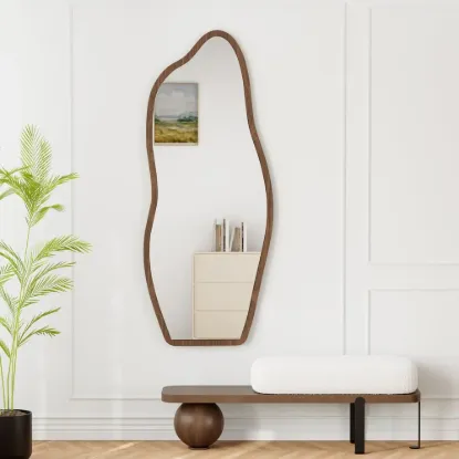 63" Irregular Full-Length Mirror with Walnut Wooden Frame, Wall-Mounted or Free-Standing