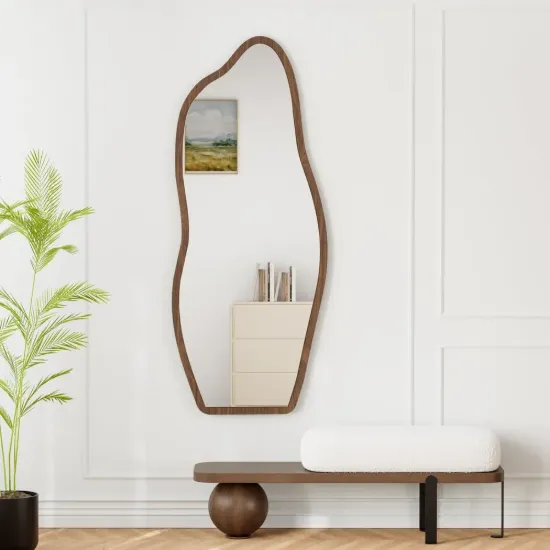 63" Irregular Full-Length Mirror with Walnut Wooden Frame, Wall-Mounted or Free-Standing