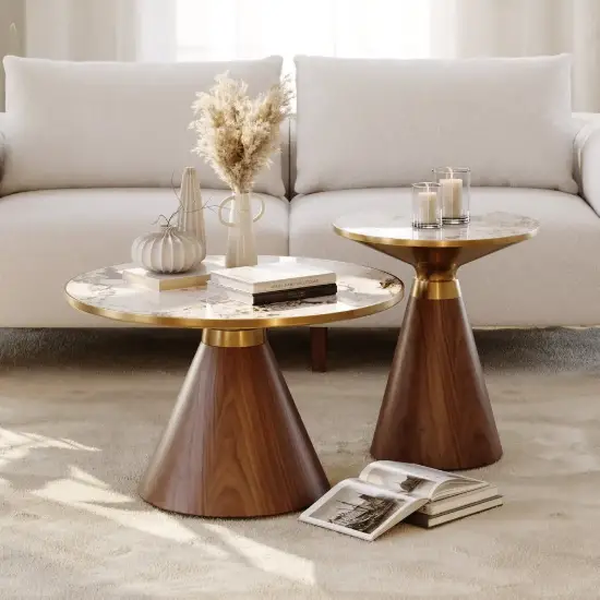 Sculra 2 Piece Set Round Walnut Sintered Stone Top Coffee Table (508 mm - 711 mm)