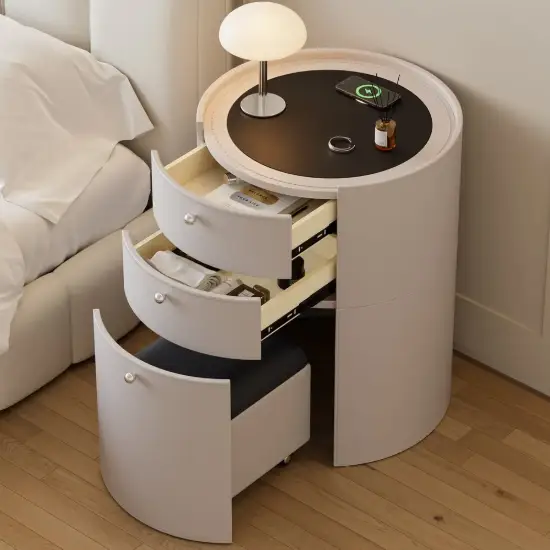 Round Smart Leather Dressing Table with Chair with Charging Station