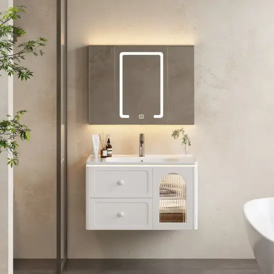 Picture of 800mm Modern Floating LED Bathroom Vanity with Ribbed Glass Door & Drawers