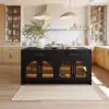 Arune 180cm Modern Black Kitchen Island with Glass Doors, LED Light Strip， Ample Storage