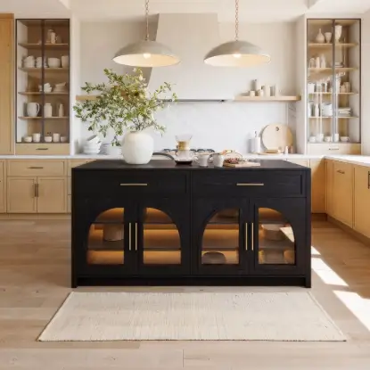 Arune 180cm Modern Black Kitchen Island with Glass Doors, LED Light Strip， Ample Storage