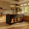 Arune 180cm Modern Black Kitchen Island with Glass Doors, LED Light Strip， Ample Storage