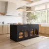 Arune 180cm Modern Black Kitchen Island with Glass Doors, LED Light Strip， Ample Storage