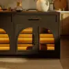 Arune 180cm Modern Black Kitchen Island with Glass Doors, LED Light Strip， Ample Storage