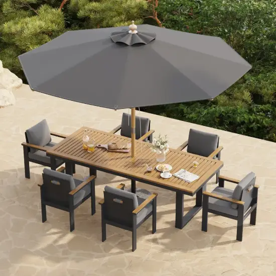 Tevara 8 Pieces Rectangle Wood & Aluminium Outdoor Patio Dining Set with Central Pillar Umbrella