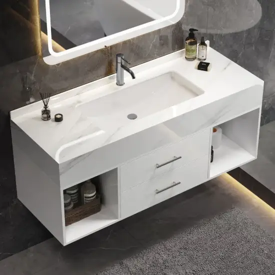 Modern 90 cm Floating Single Bathroom Vanity with Sink, Sintered Stone Top – White