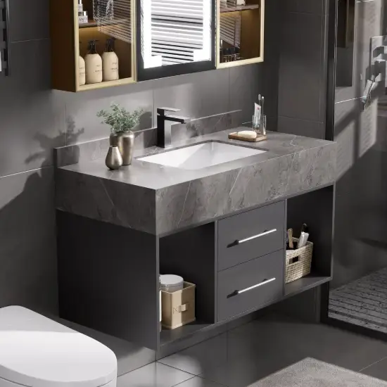 Modern 100 cm Floating Single Bathroom Vanity with Sink, Sintered Stone Top