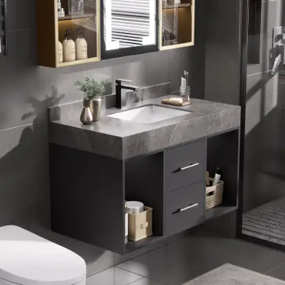 Modern 90 cm Floating Single Bathroom Vanity with Sink, Sintered Stone Top – Concrete Grey – Black