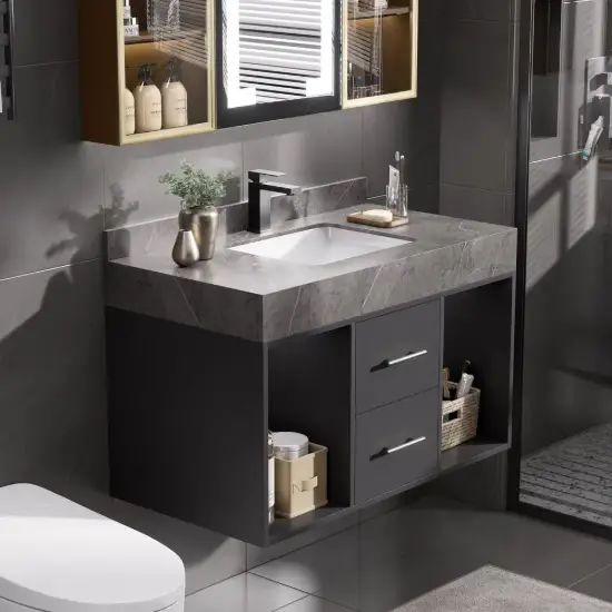 Modern 90 cm Floating Single Bathroom Vanity with Sink, Sintered Stone Top – Concrete Grey – Black