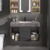 Modern 90 cm Floating Single Bathroom Vanity with Sink, Sintered Stone Top – Concrete Grey – Black