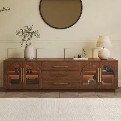 Picture of Arune 183 cm Arched Glass Doors TV Unit with Storage and LED – Walnut Stand