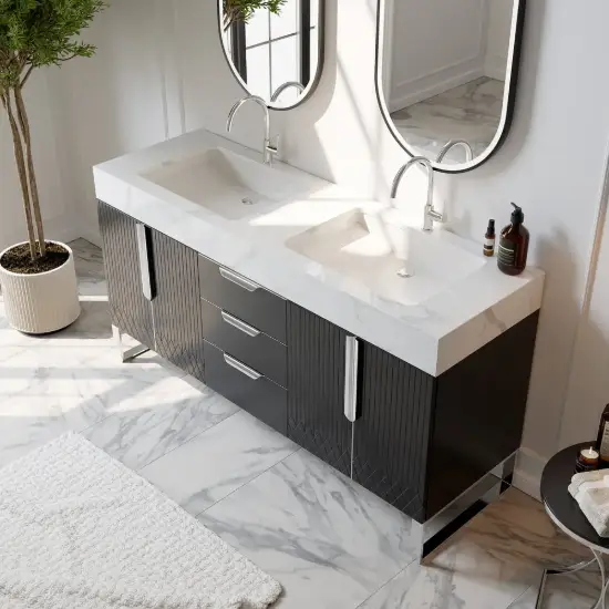 Aro 59" Freestanding Double Bathroom Vanity with Sink, Sintered Stone Top – Black – AUD-H1745