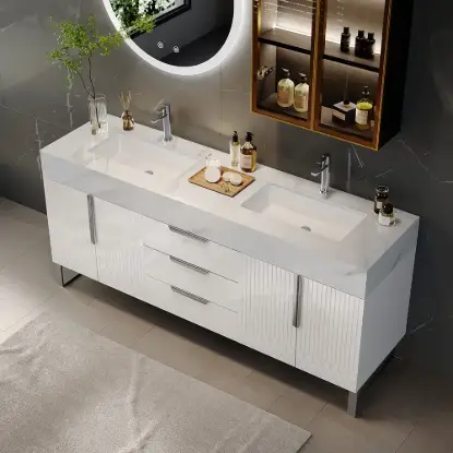 Picture of Aro 59" Freestanding Double Bathroom Vanity with Sink, Sintered Stone Top – White – Series Sinks