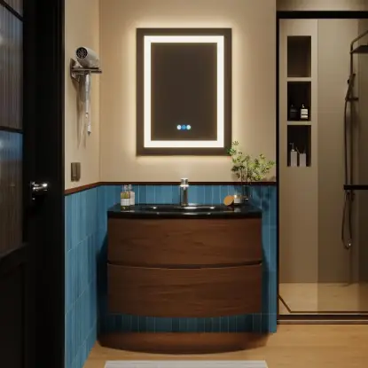 Modern 800mm Floating Bathroom Vanity with One-piece Glass Basin 2 Drawers in Walnut