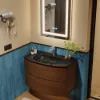 Picture of Modern 800mm Floating Bathroom Vanity with One-piece Glass Basin 2 Drawers in Walnut