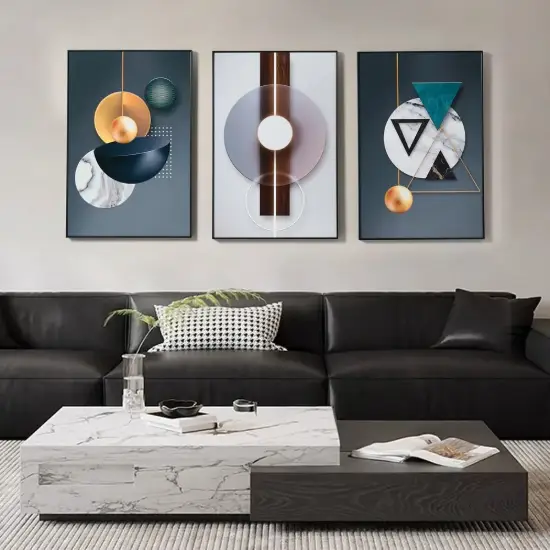 3 Pieces Luxury Wall Decor Set With Black Frame Abstract Paintings in Living Room