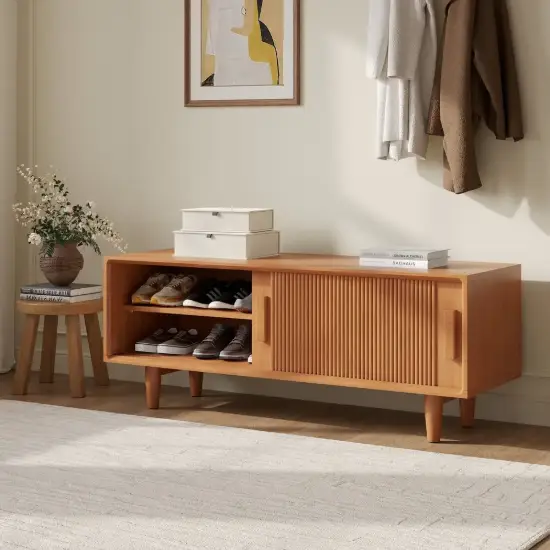 1200mm Solid Rubberwood Natural Entryway Bench with Storage