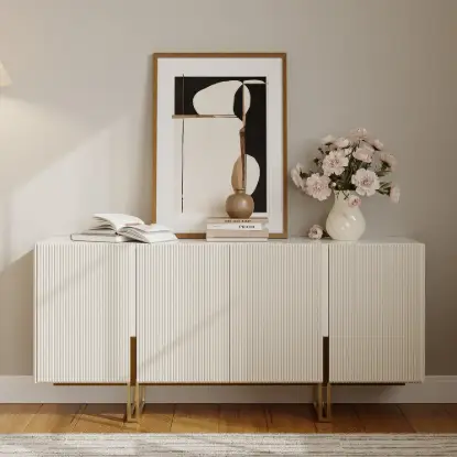 Grovyn 160 cm Buffet Sideboard Sintered Stone Top White Fluted with Adjustable Shelves