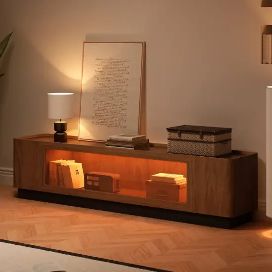 2000mm Walnut Glass Door TV Stand with Storage and LED