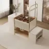 153 cm Glass Top Ivory Dresser Walk-in Closet Island with Bench & Jewelry Storage
