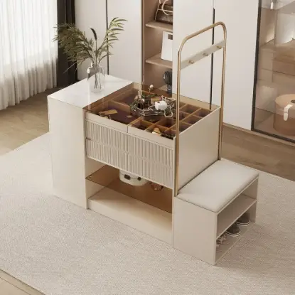 153 cm Glass Top Ivory Dresser Walk-in Closet Island with Bench & Jewelry Storage