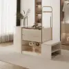 153 cm Glass Top Ivory Dresser Walk-in Closet Island with Bench & Jewelry Storage