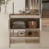 153 cm Glass Top Ivory Dresser Walk-in Closet Island with Bench & Jewelry Storage